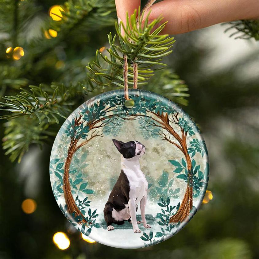 Boston Terrier Among Forest Porcelain/Ceramic Ornament
