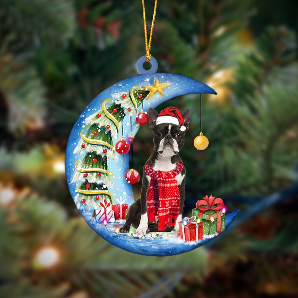 Boston Terrier Sits On The Moon Merry Christmas Hanging Ornament