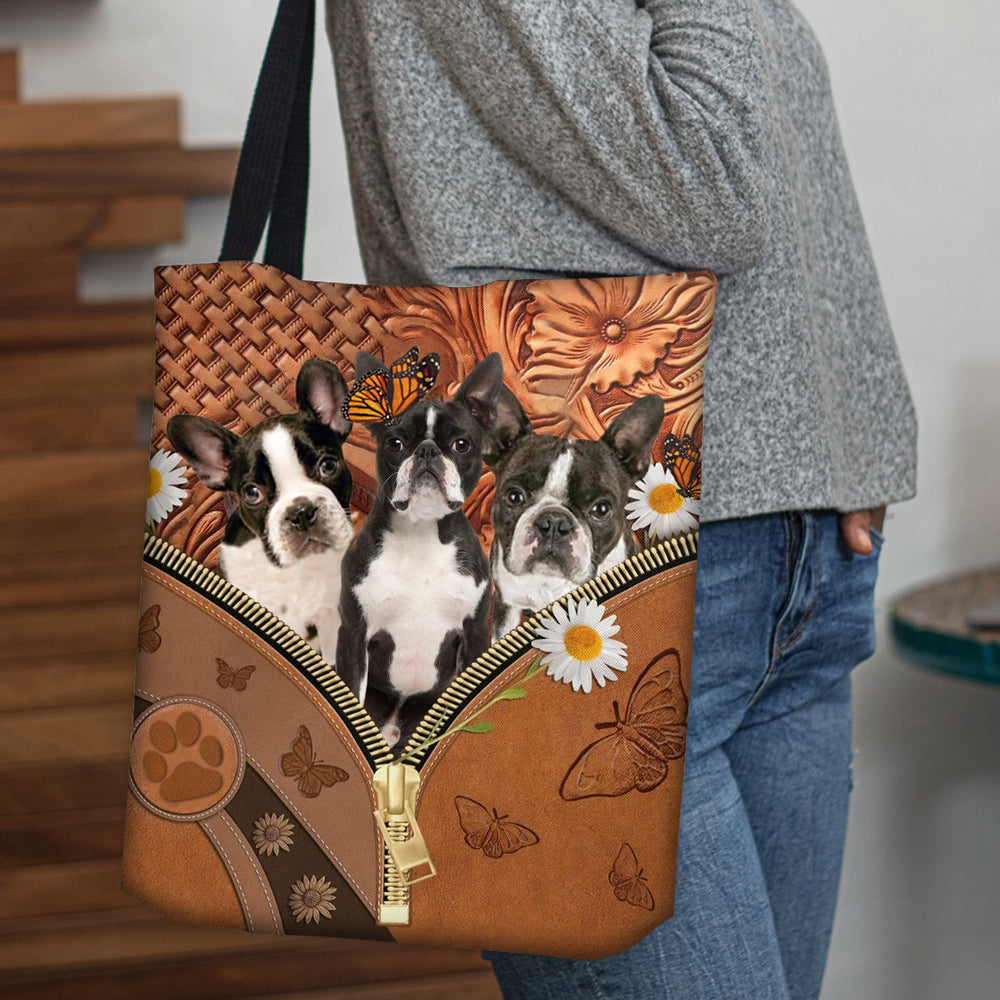 Boston Terrier Daisy Flower And Butterfly Tote Bag
