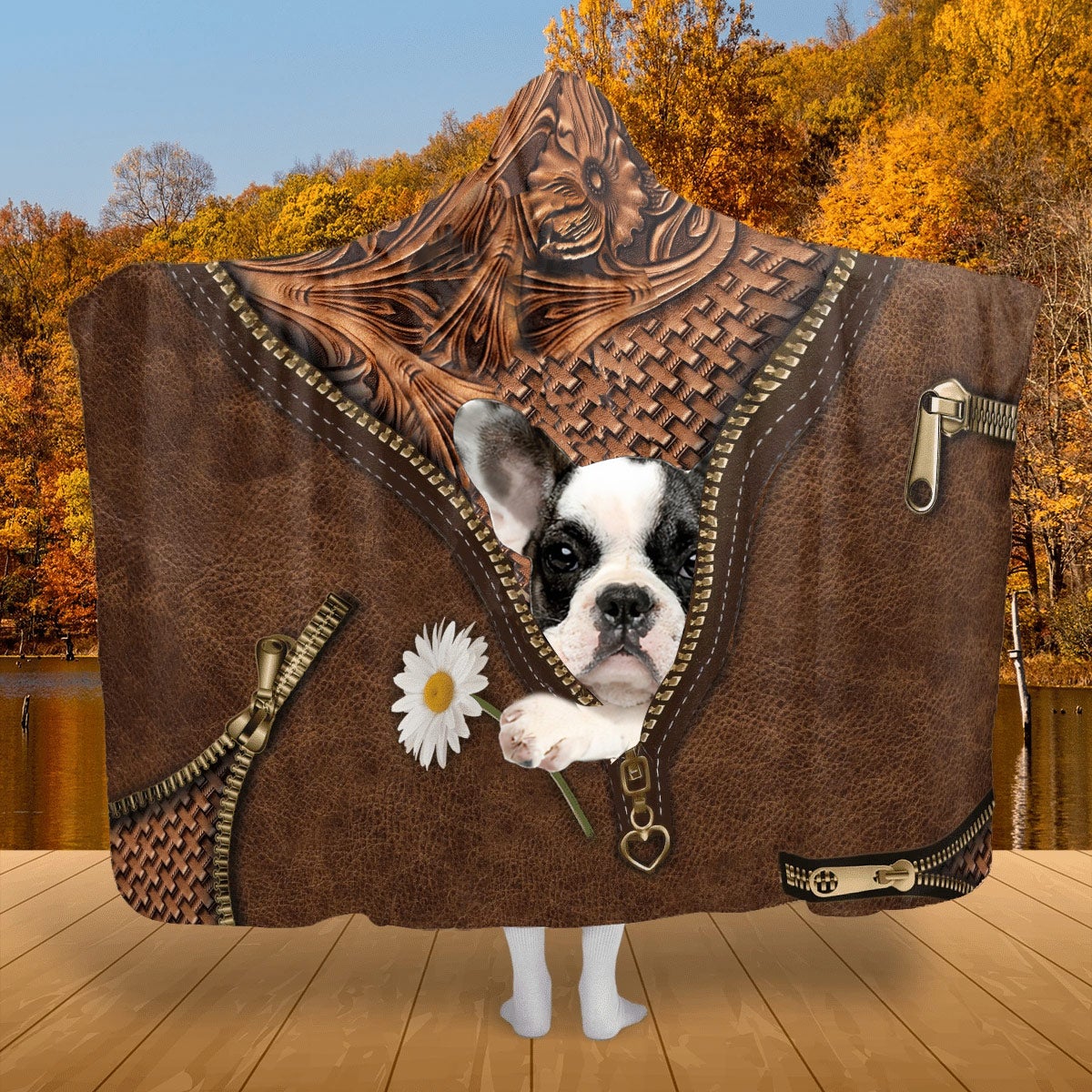 Boston Terrier Holding Daisy Hooded Blanket