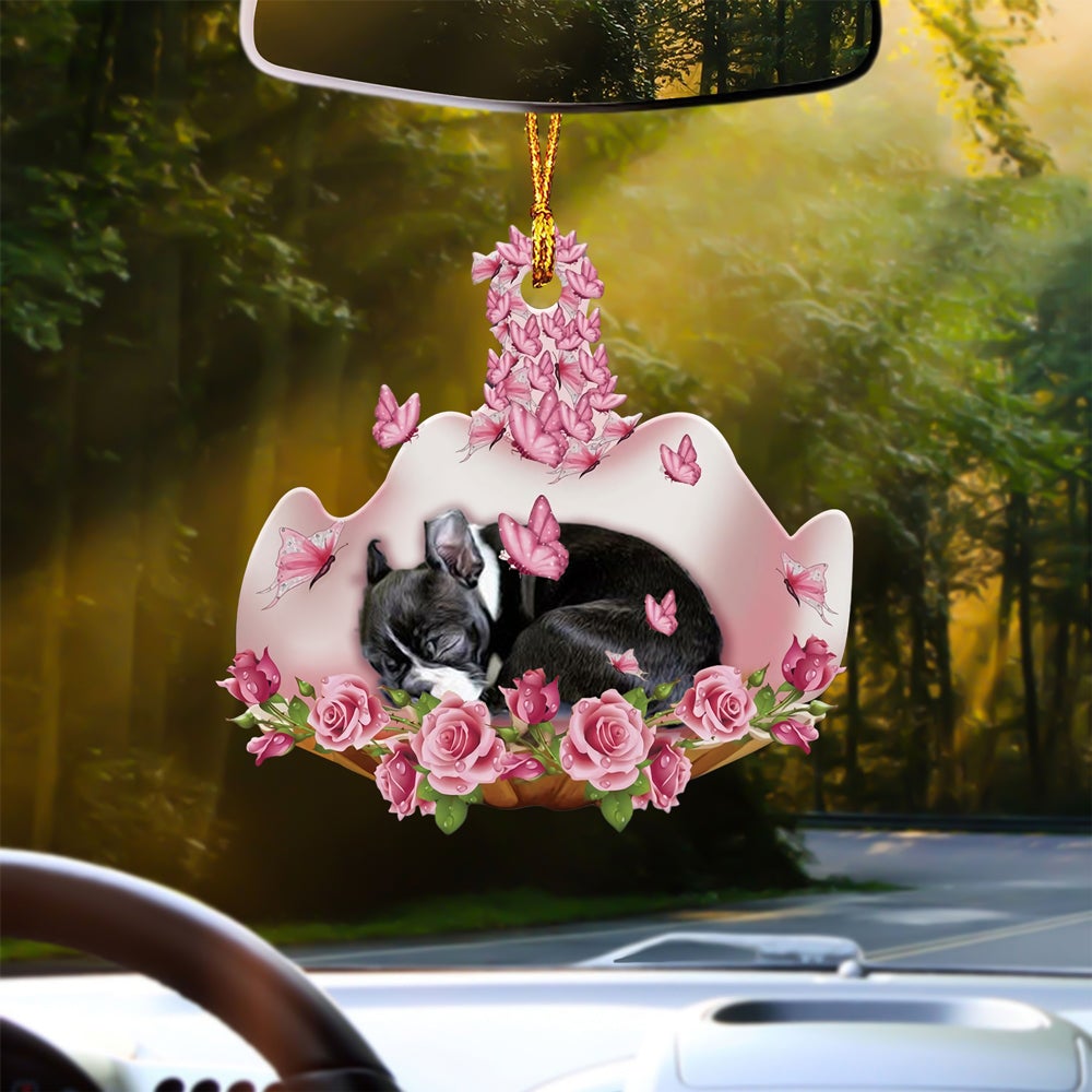 Boston Terrier Sleeping In Rose Garden Car Hanging Ornament