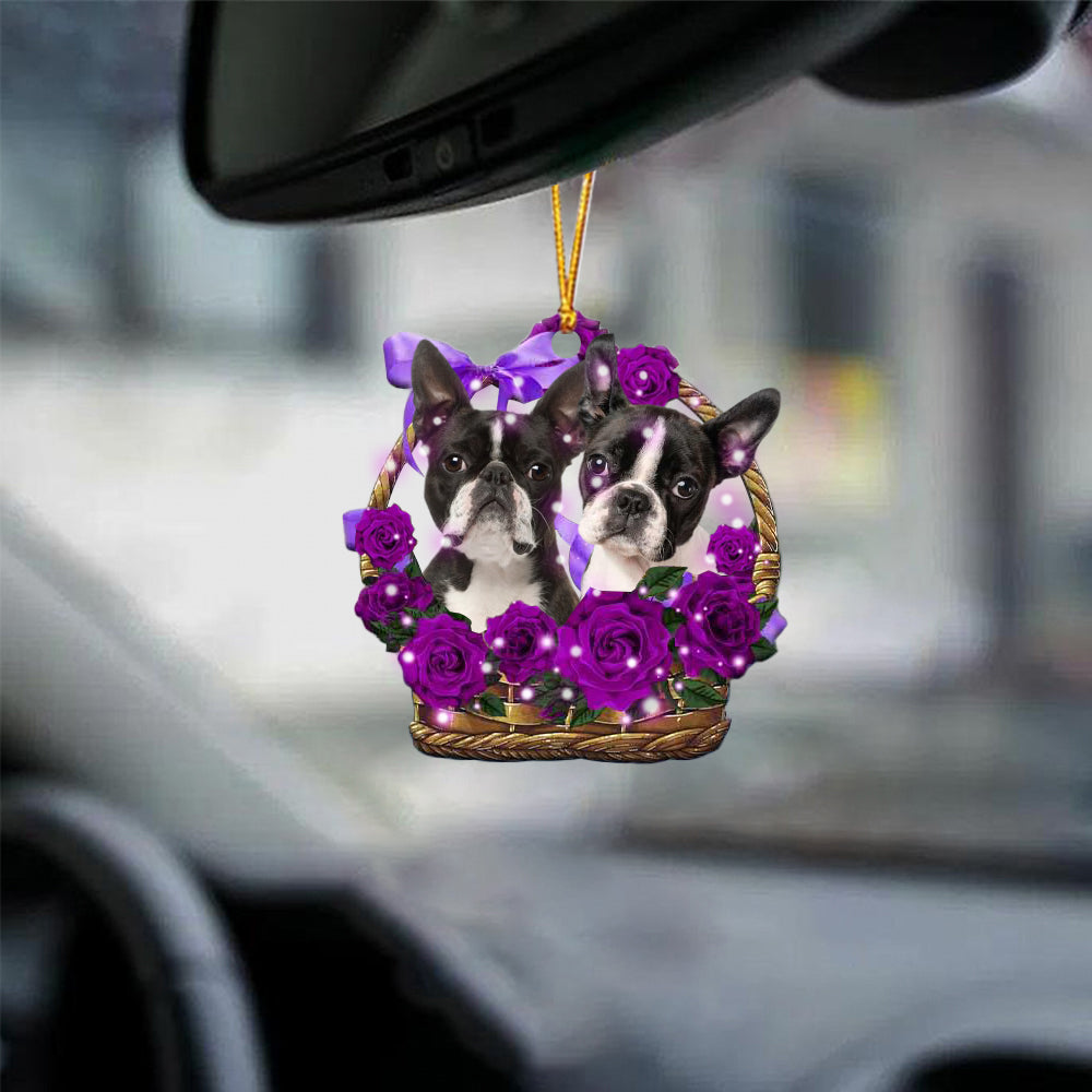 Boston terrier Purple Rose Wicker Basket Car Hanging Ornament