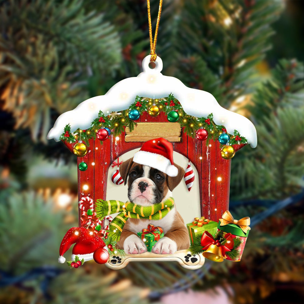 Boxer In Red Wood House Christmas Ornament