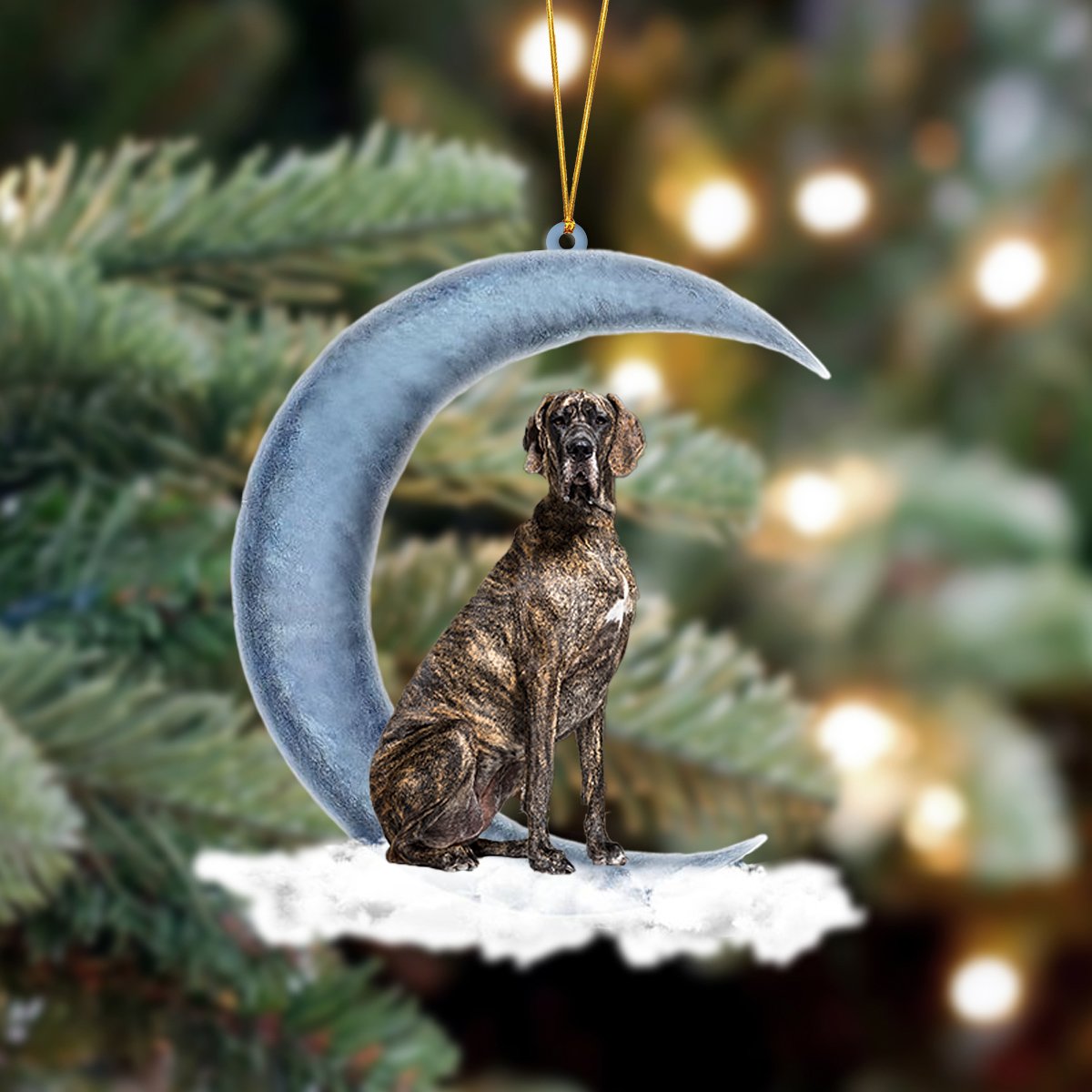 Brindle Great Dane Sits On The Moon Hanging Ornament