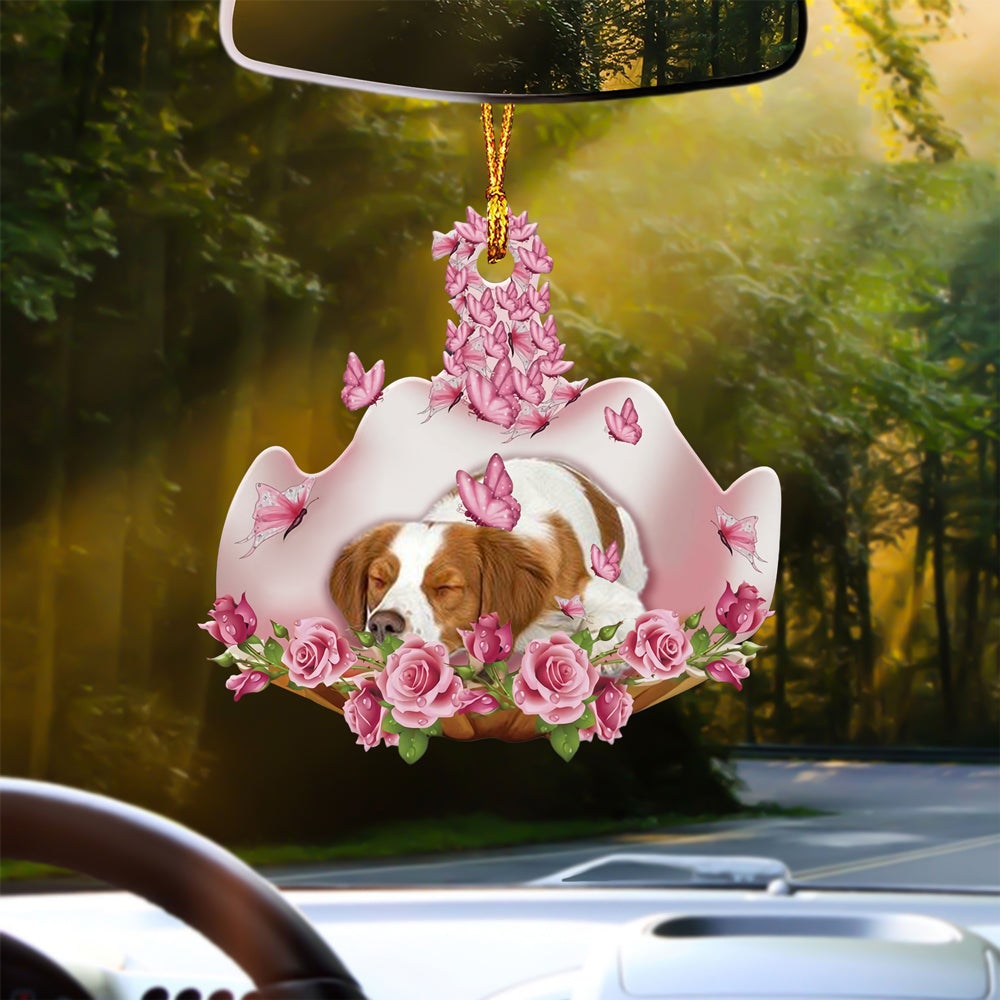 Brittany Spaniel Sleeping In Rose Garden Car Hanging Ornament