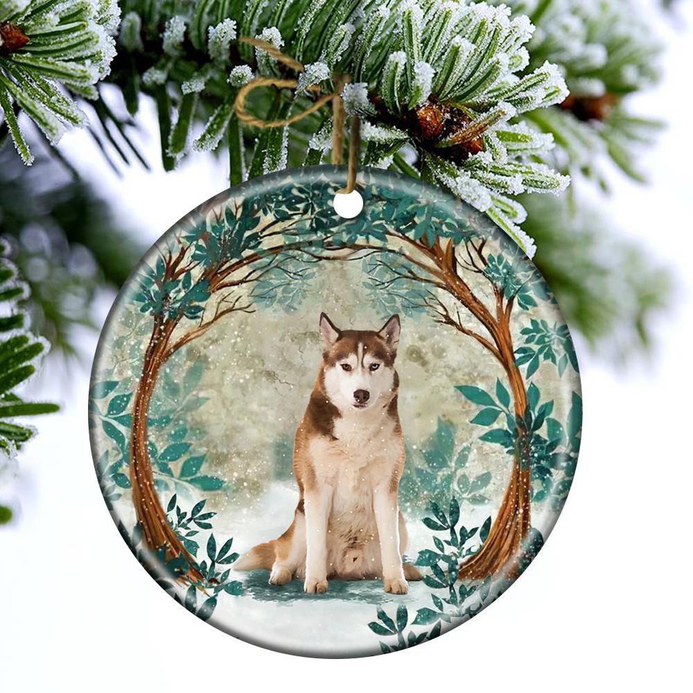 Brown Husky Among Forest Porcelain/Ceramic Ornament