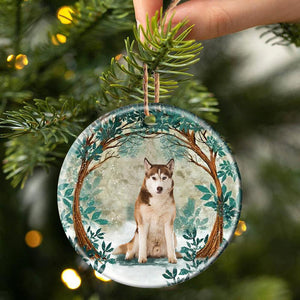 Brown Husky Among Forest Porcelain/Ceramic Ornament