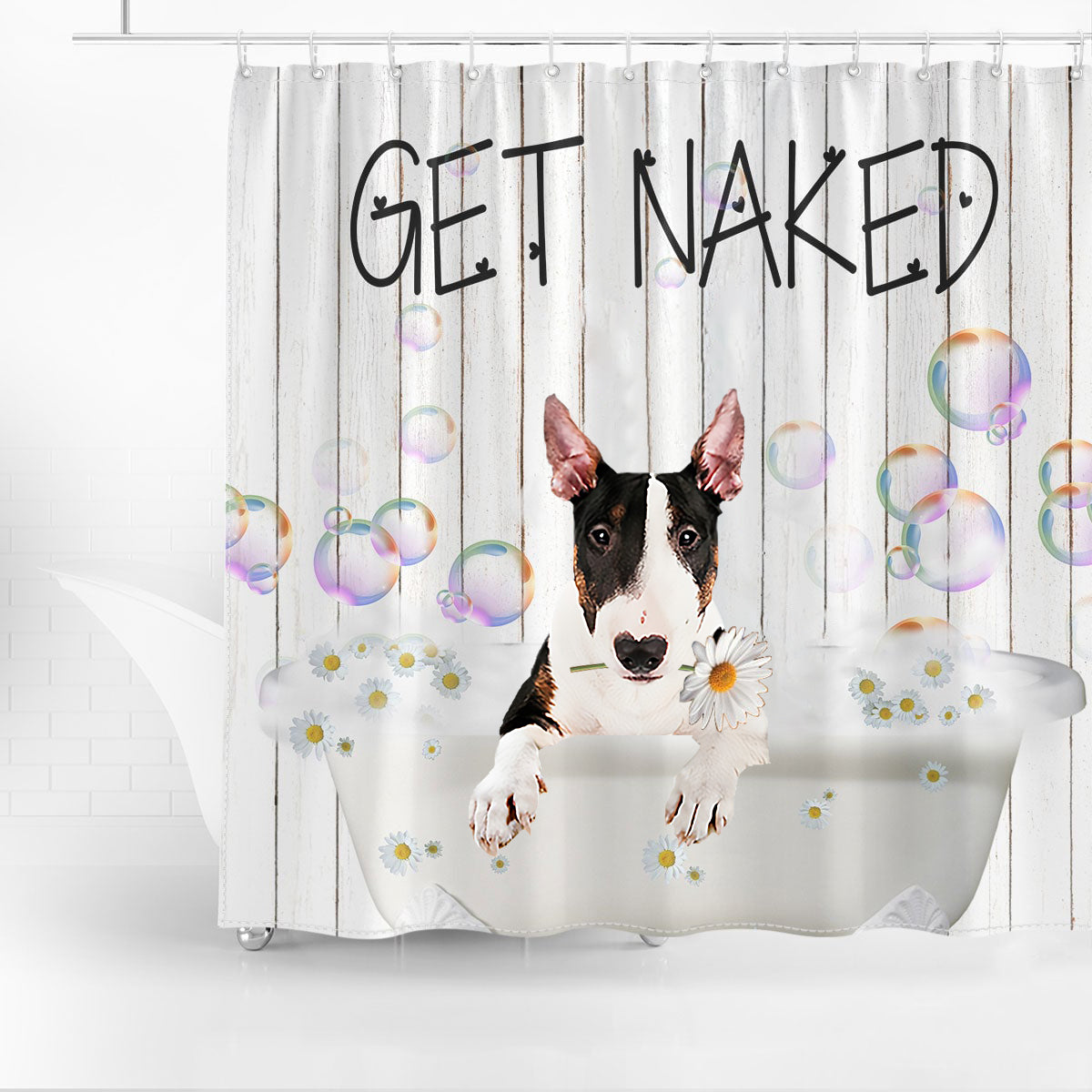 Bull Terrier Get Naked Daisy Shower Curtain