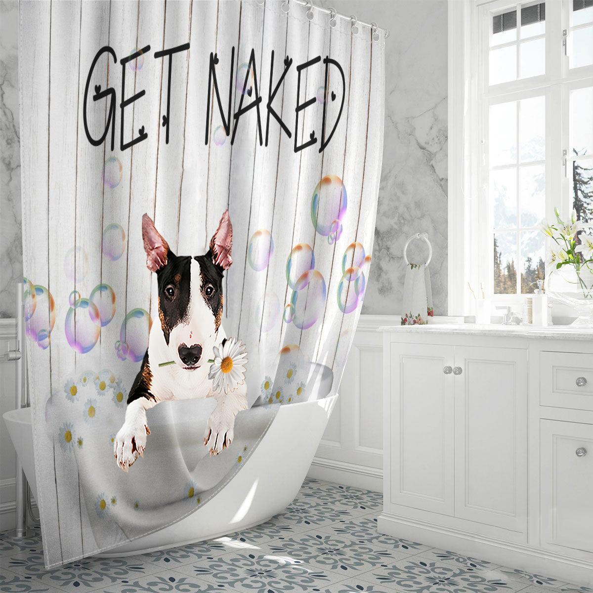 Bull Terrier Get Naked Daisy Shower Curtain