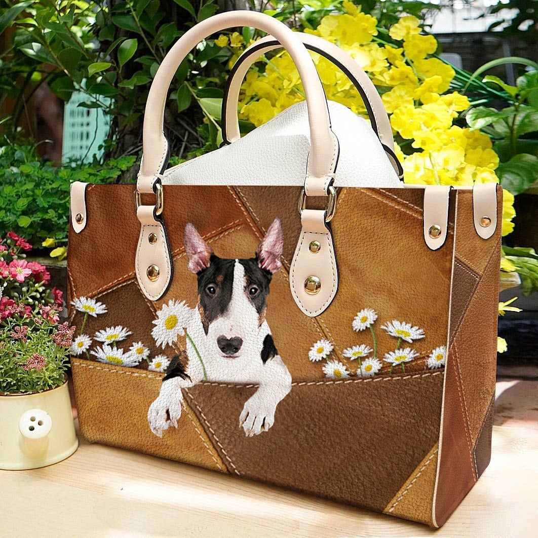 Bull Terrier Holding Daisy Leather Bag