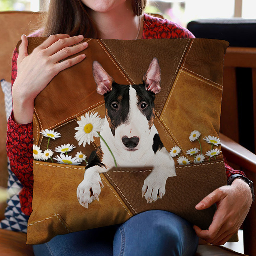 Bull Terrier Holding Daisy Pillow Case