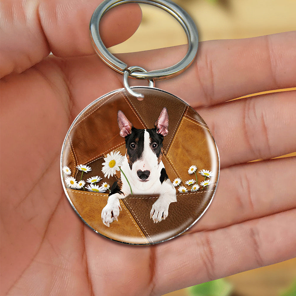 Bull Terrier Mountain Holding Daisy-Round Resin Epoxy Metal Keychain