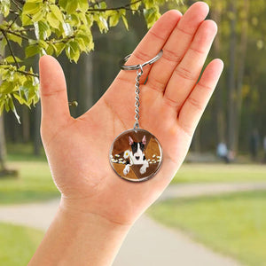 Bull Terrier Mountain Holding Daisy-Round Resin Epoxy Metal Keychain