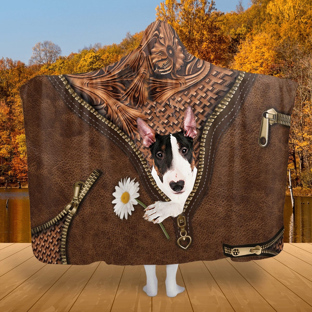 Bull Terrier Holding Daisy Hooded Blanket