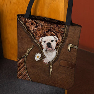 White Bulldog Holding Daisy Tote Bag