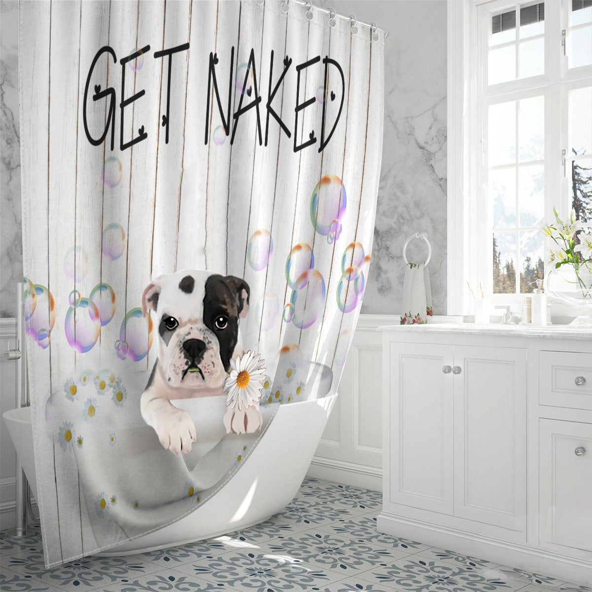Bulldog03 Get Naked Daisy Shower Curtain