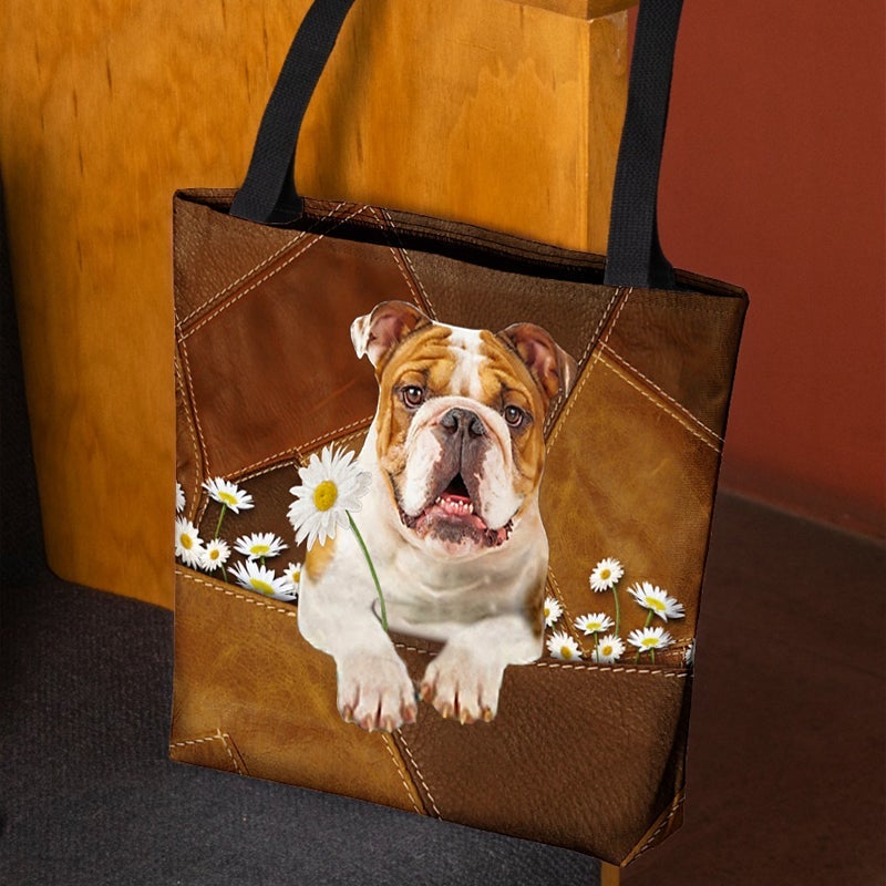 Bulldog Holding Daisy  All Over Printed Tote Bag