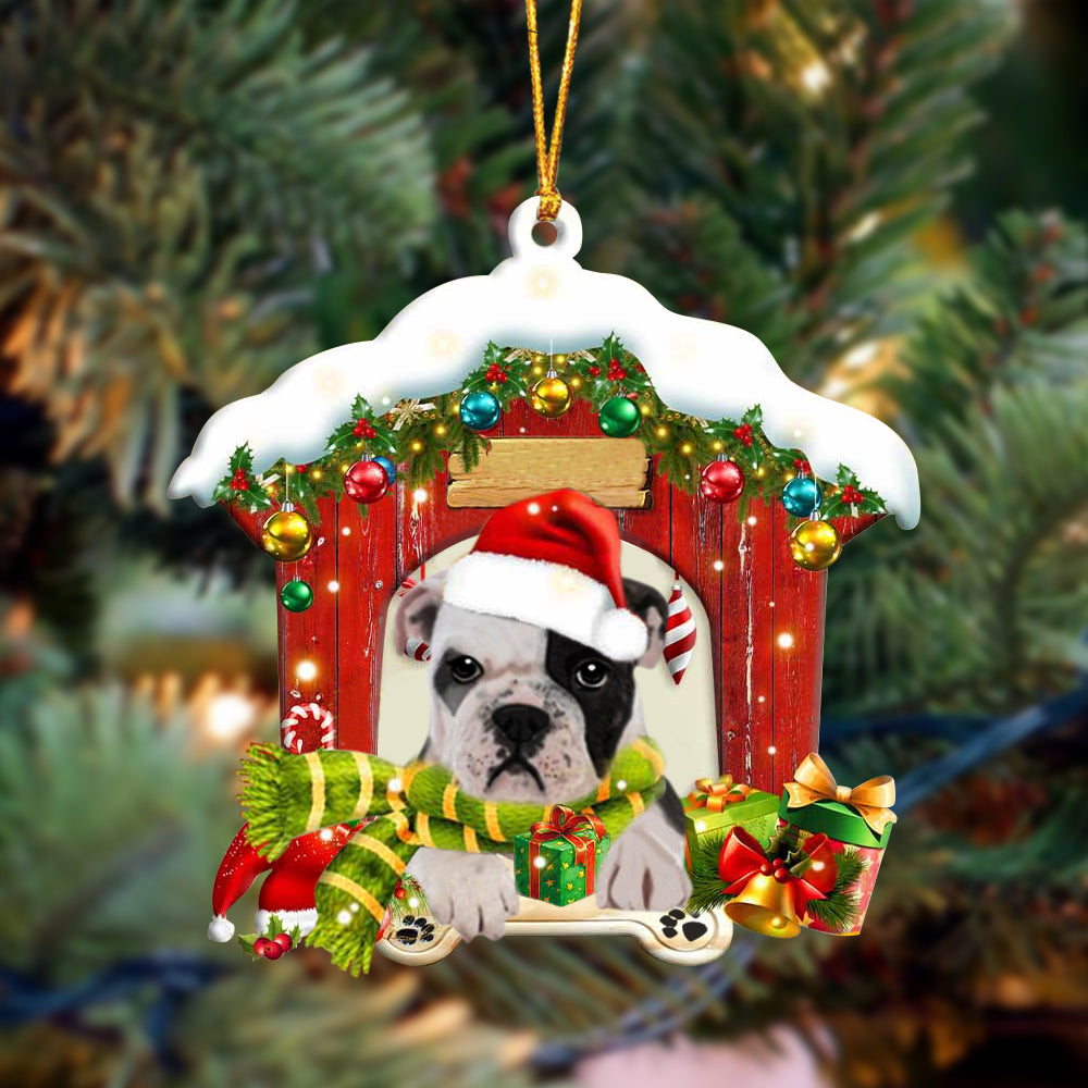 Bulldog 2In Red Wood House Christmas Ornament