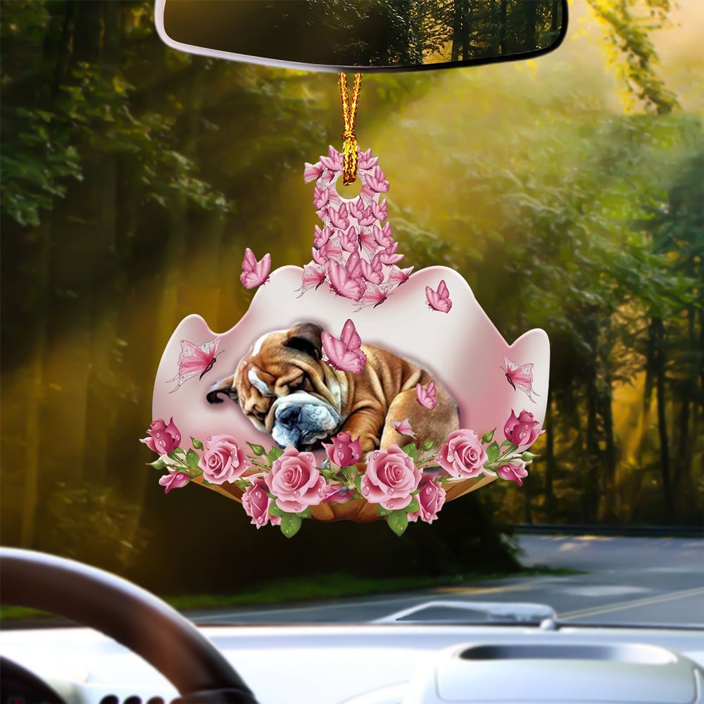 Bulldog Sleeping In Rose Garden Car Hanging Ornament