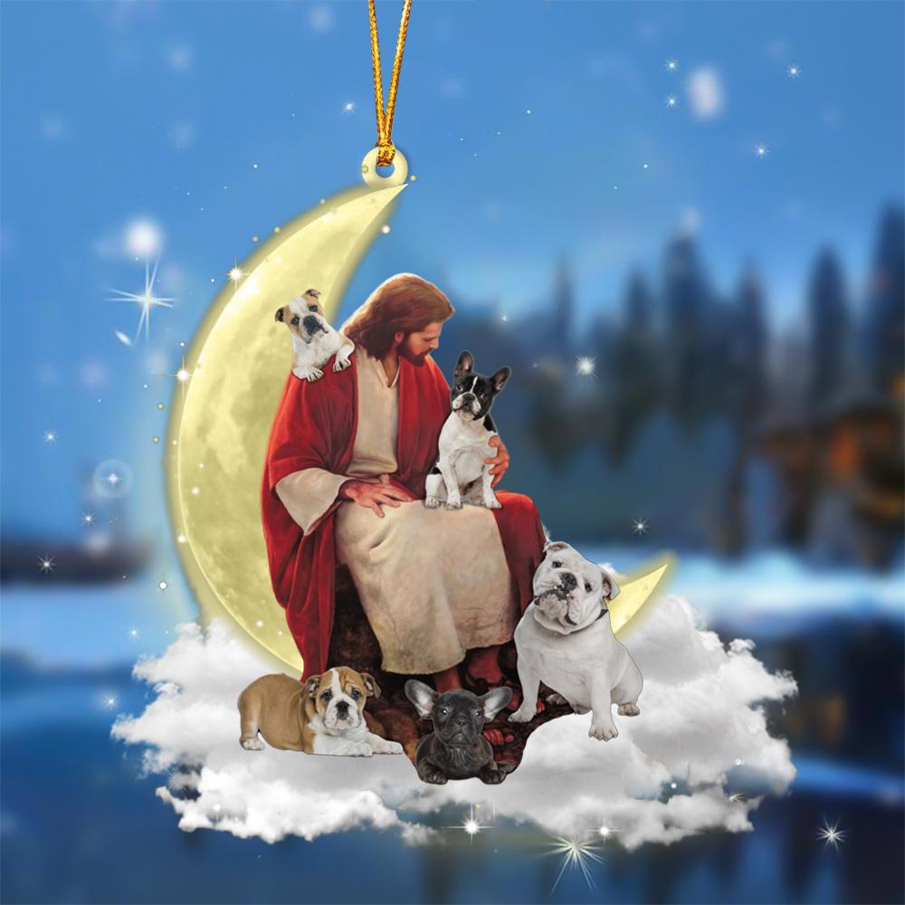 God Surrounded By Bulldogs On The Moon Hanging Ornament