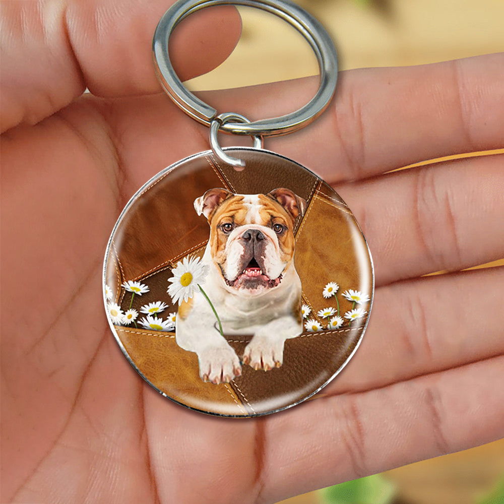 Bulldog Holding Daisy-Round Resin Epoxy Metal Keychain
