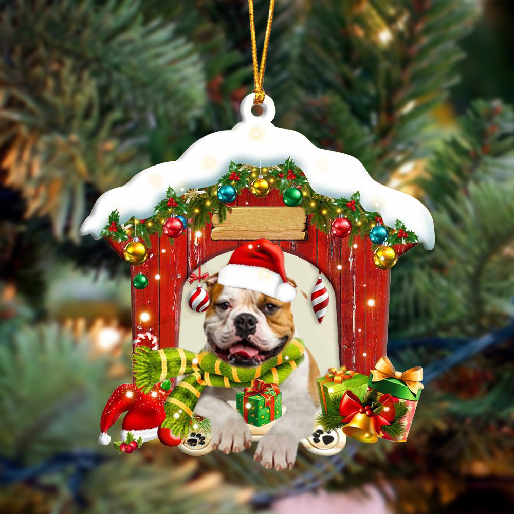 Bulldog In Red Wood House Christmas Ornament