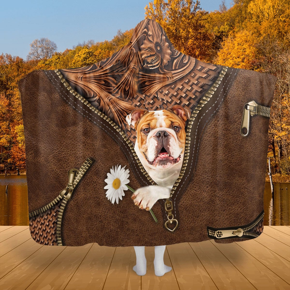 Bulldog Holding Daisy Hooded Blanket