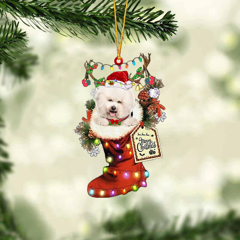 CREAM Bichon Frise In Red Boot Christmas Ornament