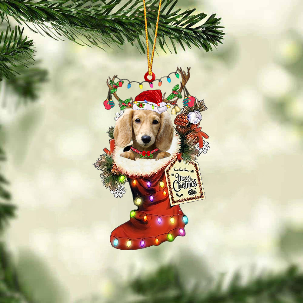 CREAM Long haired Dachshund In Red Boot Christmas Ornament