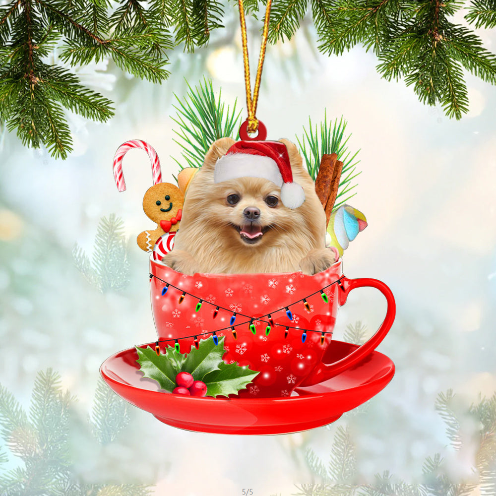 CREAM Pomeranian In Cup Merry Christmas Ornament