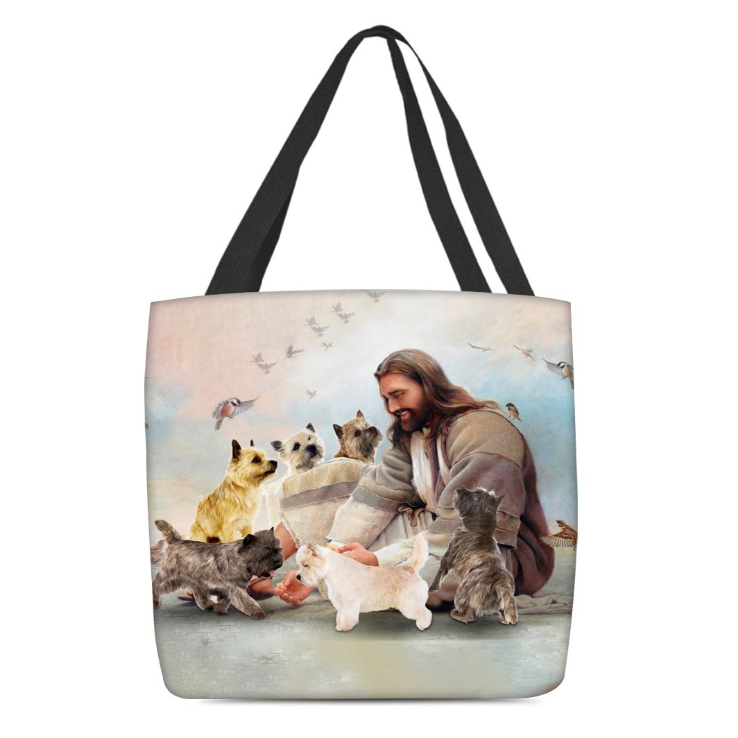 Jesus Surrounded By Cairn Terriers Tote Bag