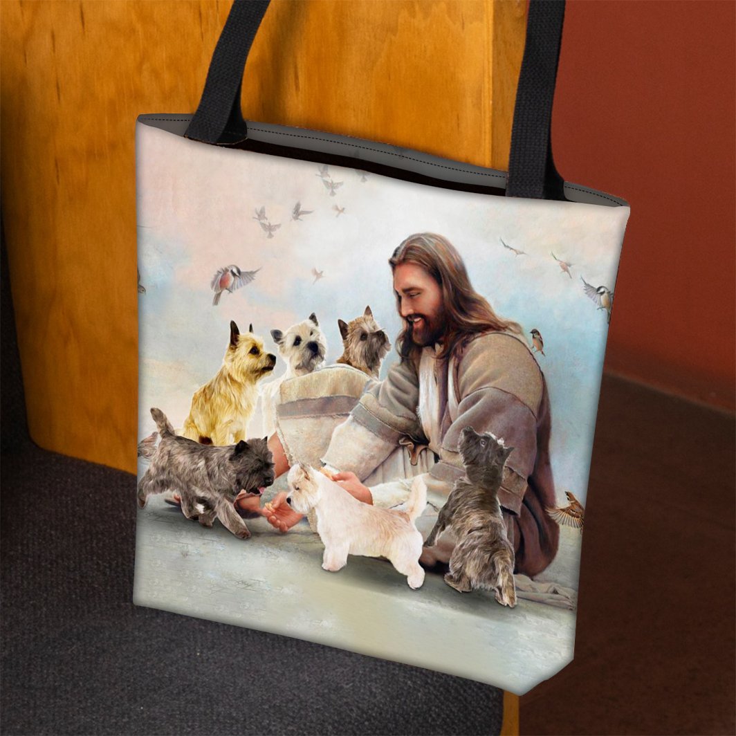 Jesus Surrounded By Cairn Terriers Tote Bag