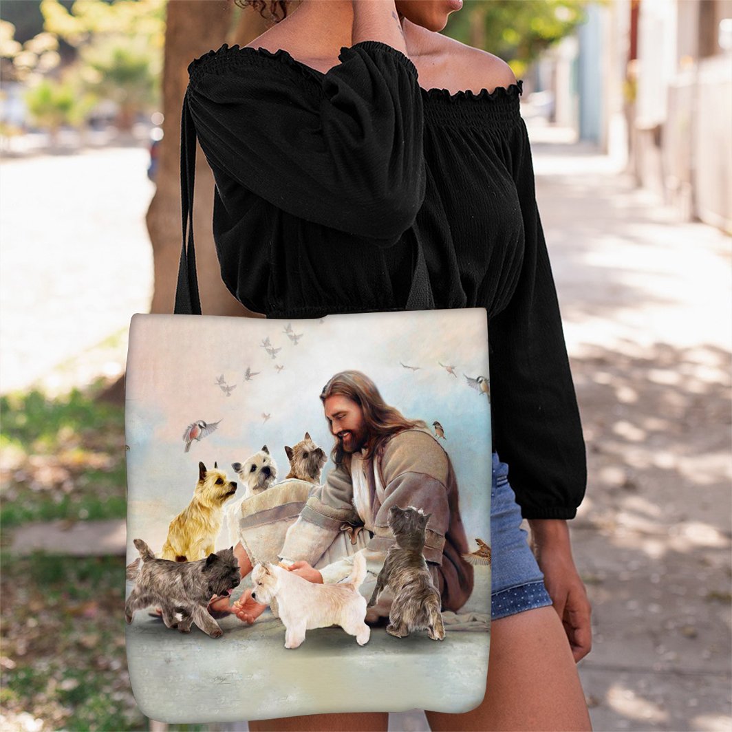 Jesus Surrounded By Cairn Terriers Tote Bag