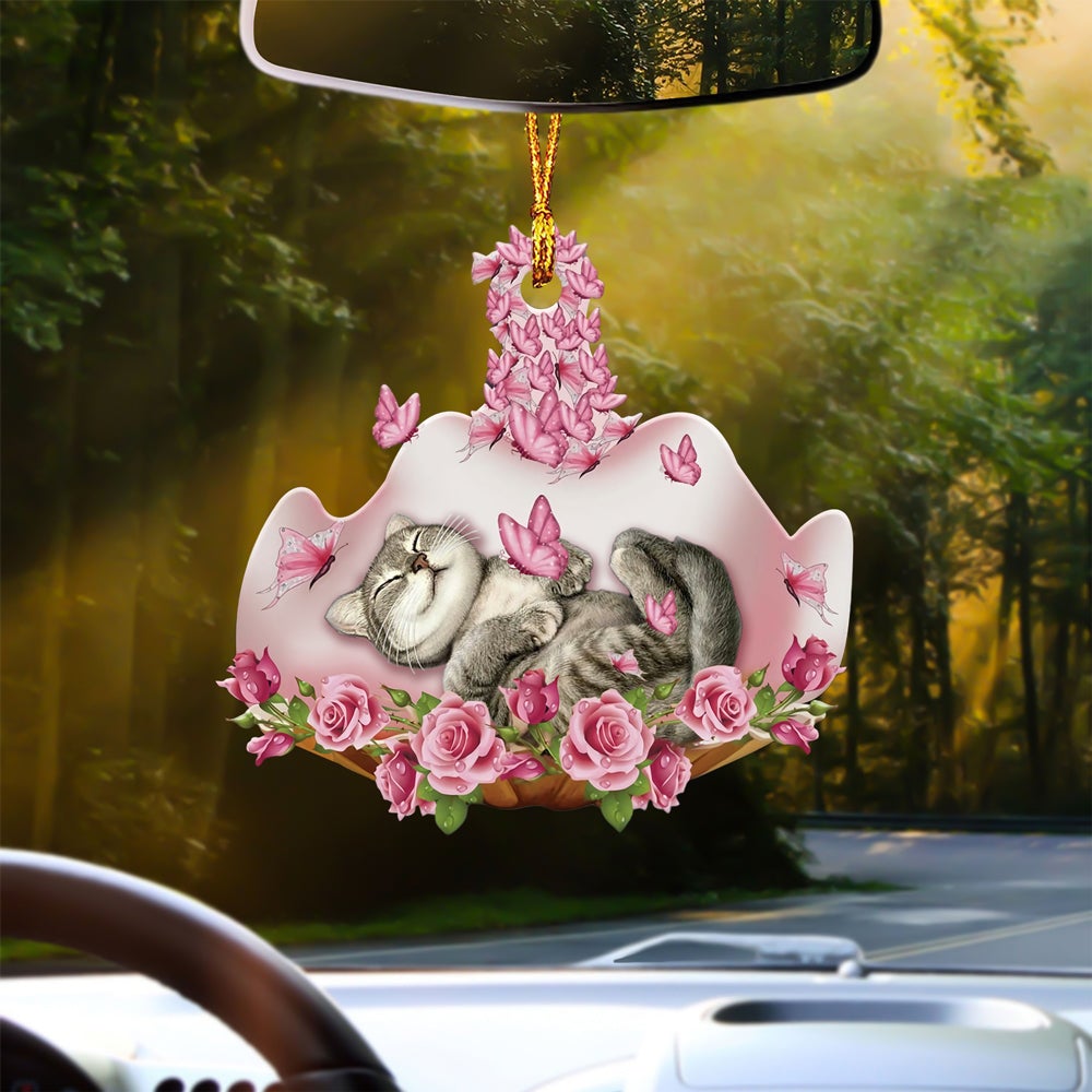 Cat Sleeping In Rose Garden Car Hanging Ornament