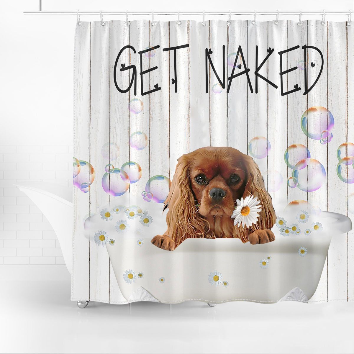 Cavalier King Charles Spaniel Get Naked Daisy Shower Curtain