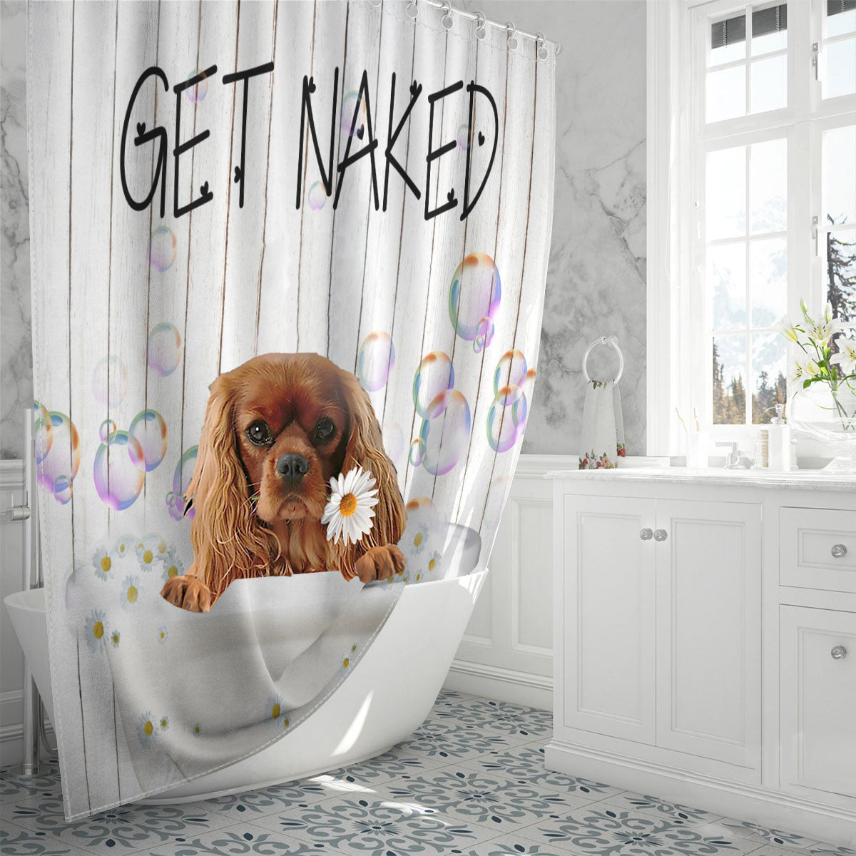 Cavalier King Charles Spaniel Get Naked Daisy Shower Curtain