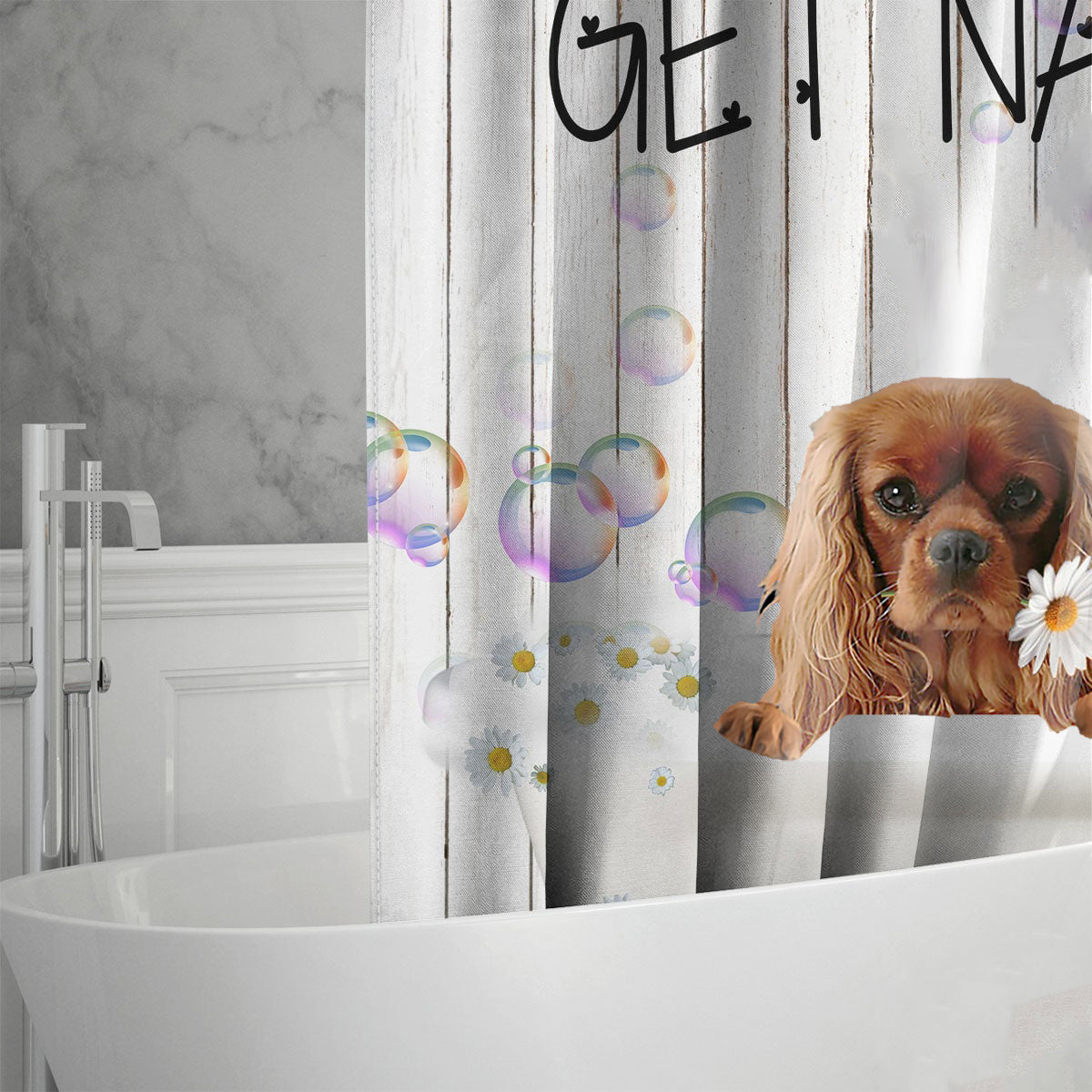Cavalier King Charles Spaniel Get Naked Daisy Shower Curtain