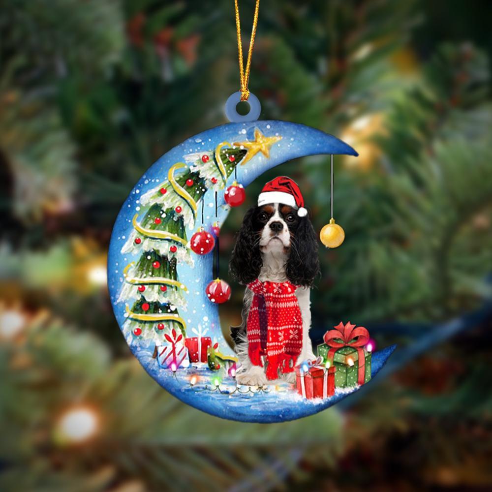 Black Cavalier King Charles Spaniel Sits On The Moon Merry Christmas Hanging Ornament