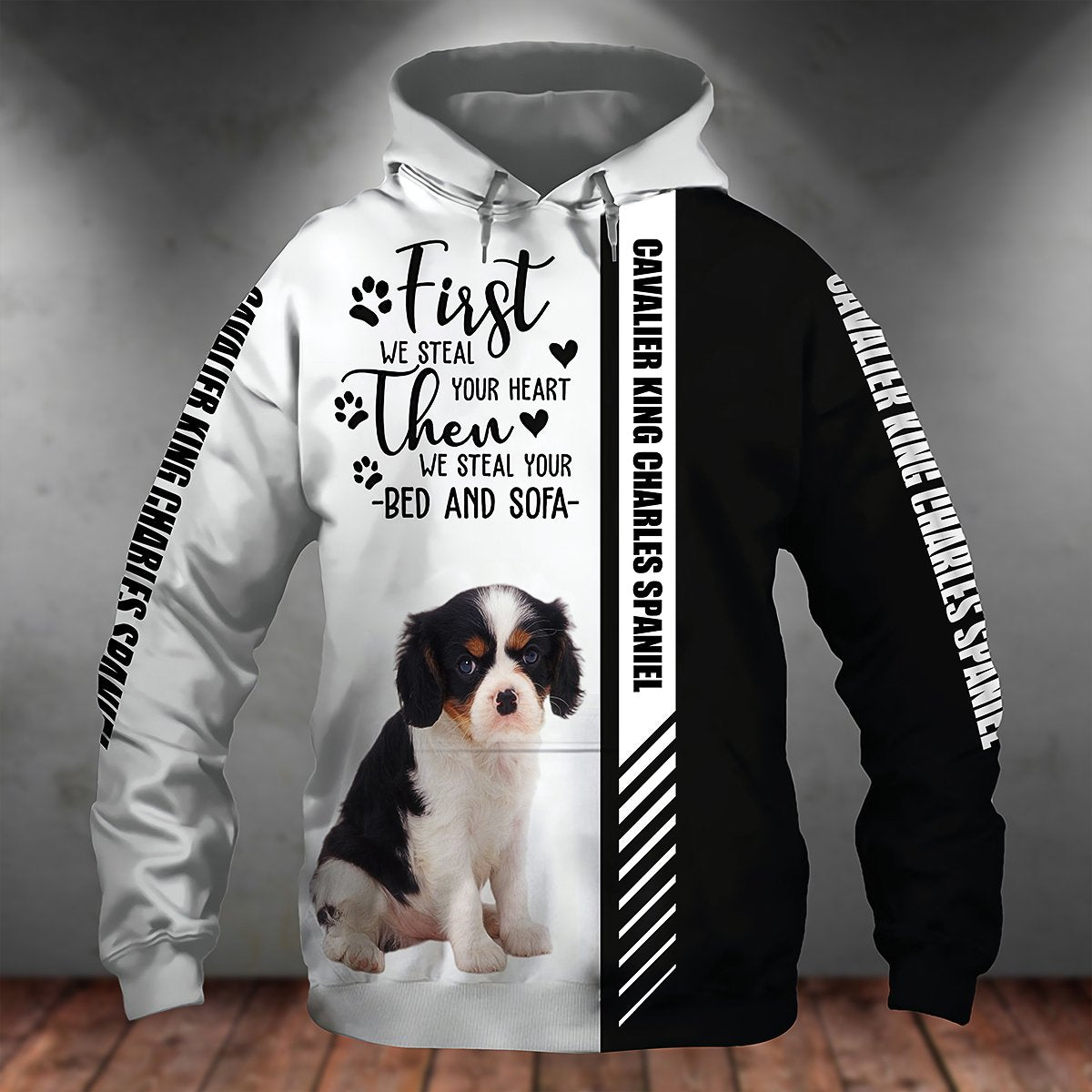 Black Cavalier King Charles Spaniel-First We Steal Your Heart Unisex Hoodie