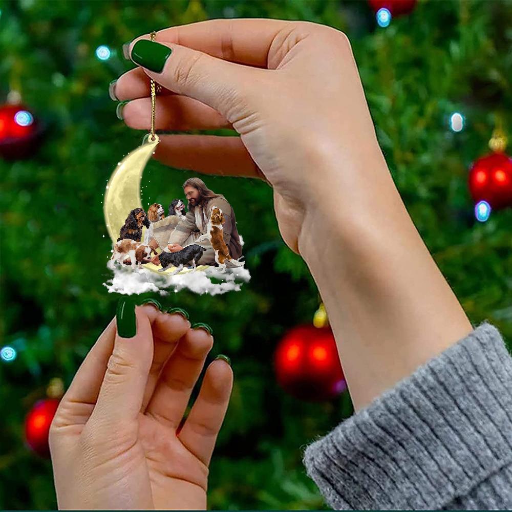 Jesus Surrounded By Cavalier King Charles Spaniels On The Moon Ornament