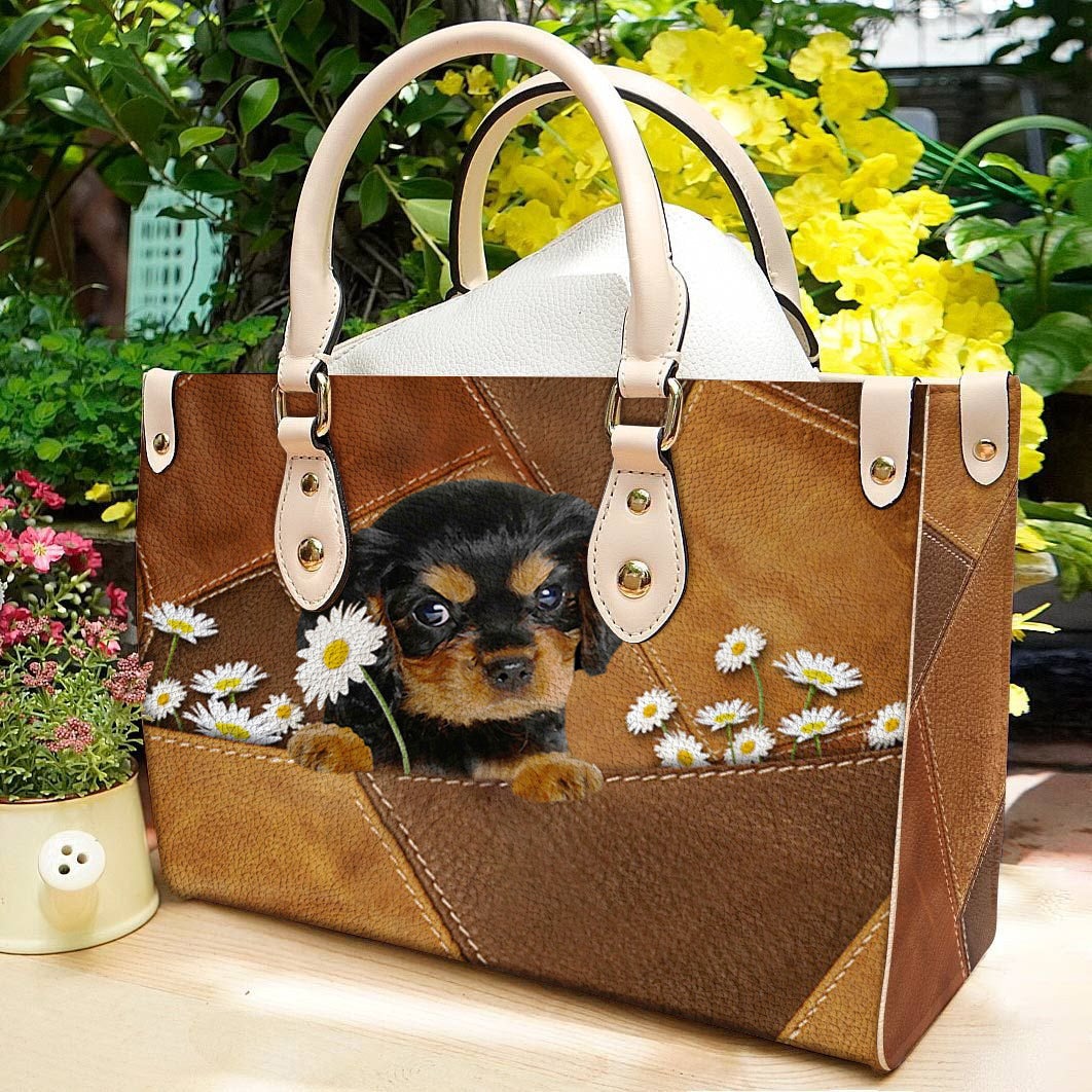 Cavalier King Charles Spaniel 2 Holding Daisy Leather Bag