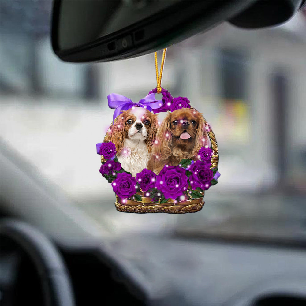 Cavalier King Charles Spaniel 3Purple Rose Wicker Basket Car Hanging Ornament