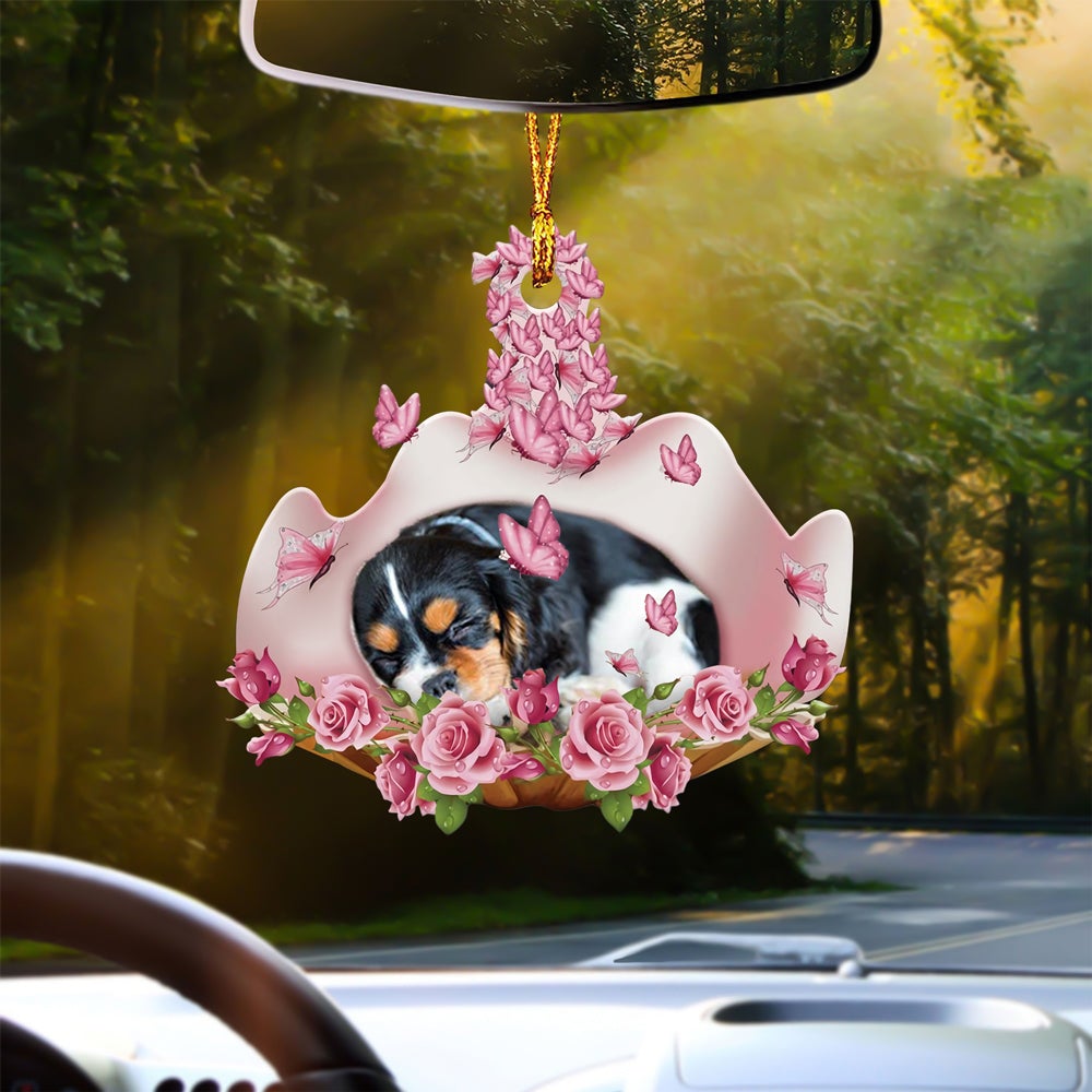 Cavalier King Charles Spaniel Sleeping In Rose Garden Car Hanging Ornament