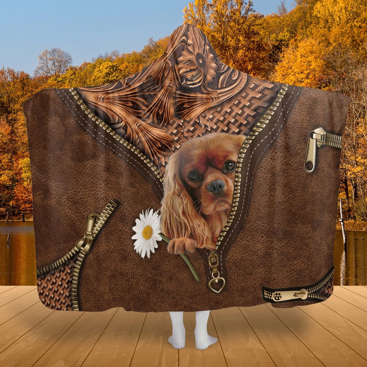 Cavalier King Charles Spaniel Holding Daisy Hooded Blanket