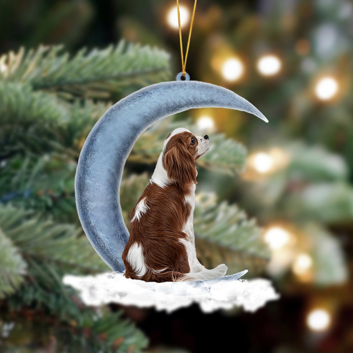 Cavalier King Charles Spaniel Sits On The Moon Hanging Ornament