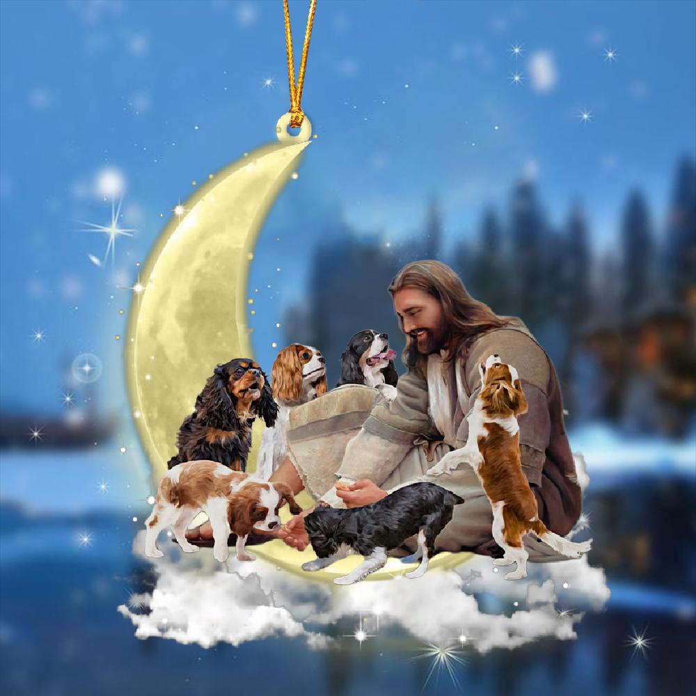 Jesus Surrounded By Cavalier King Charles Spaniels On The Moon Ornament