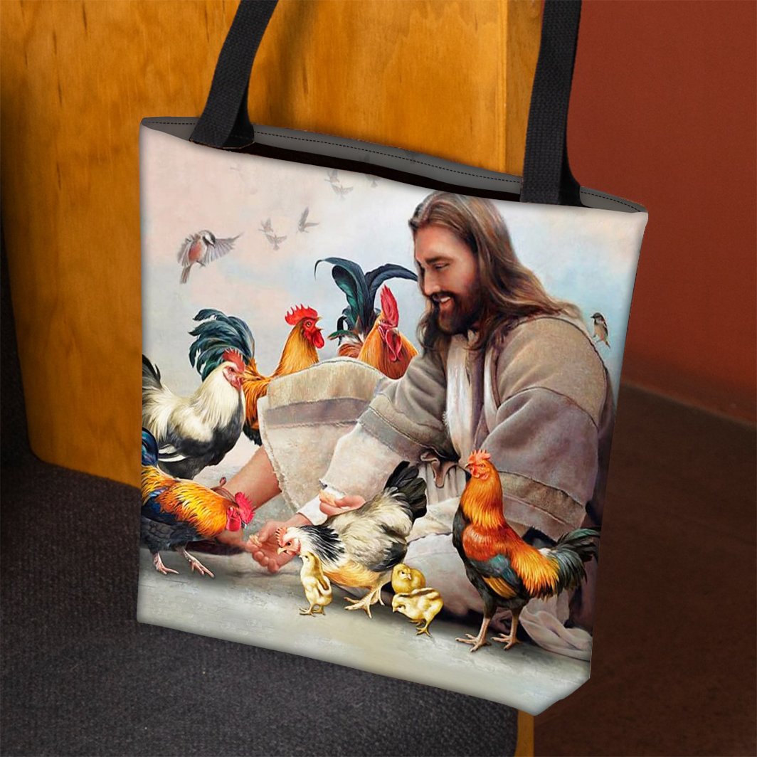 Jesus Surrounded By Chickens Tote Bag