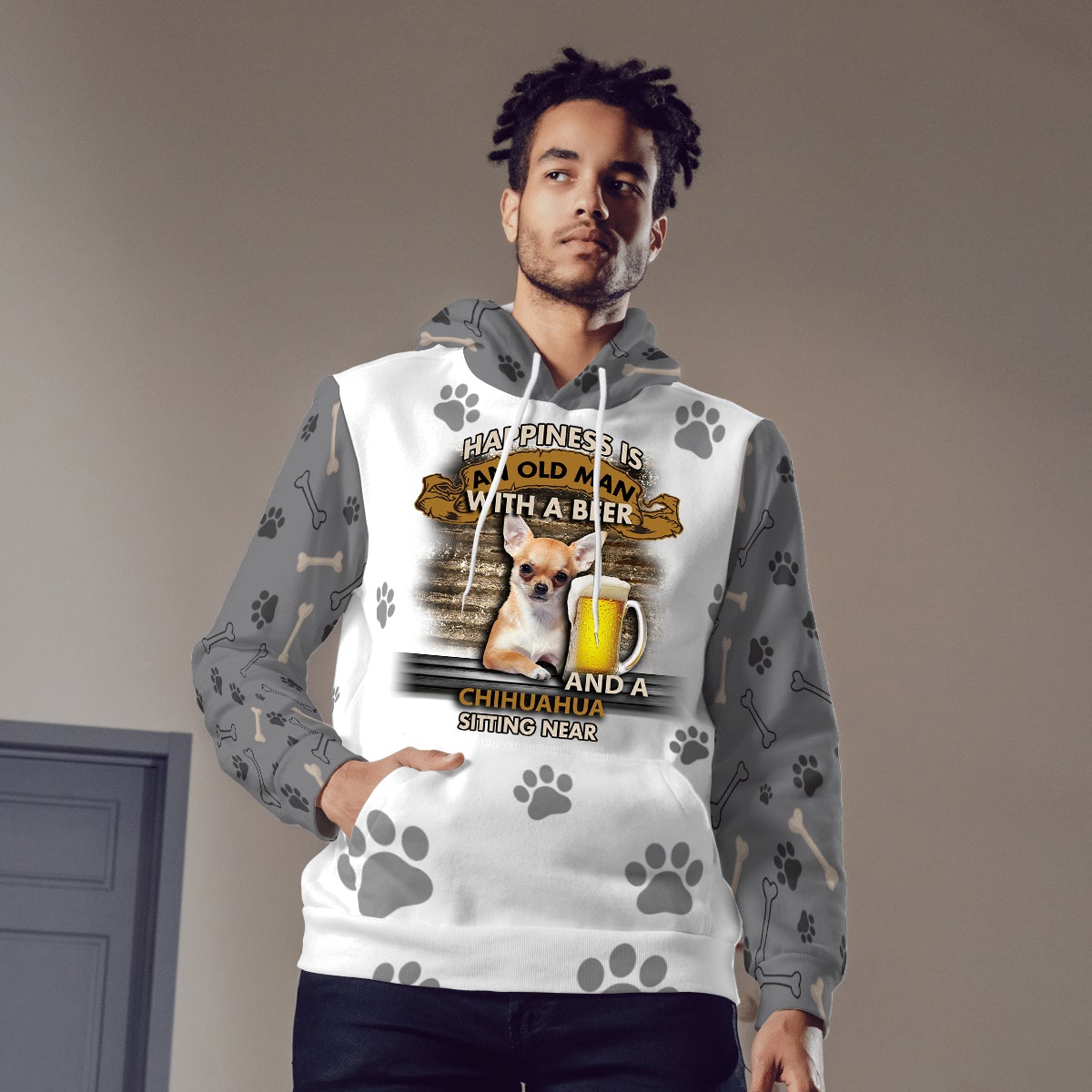 Happiness Is An Old Man With A Beer And A Chihuahua Hoodie