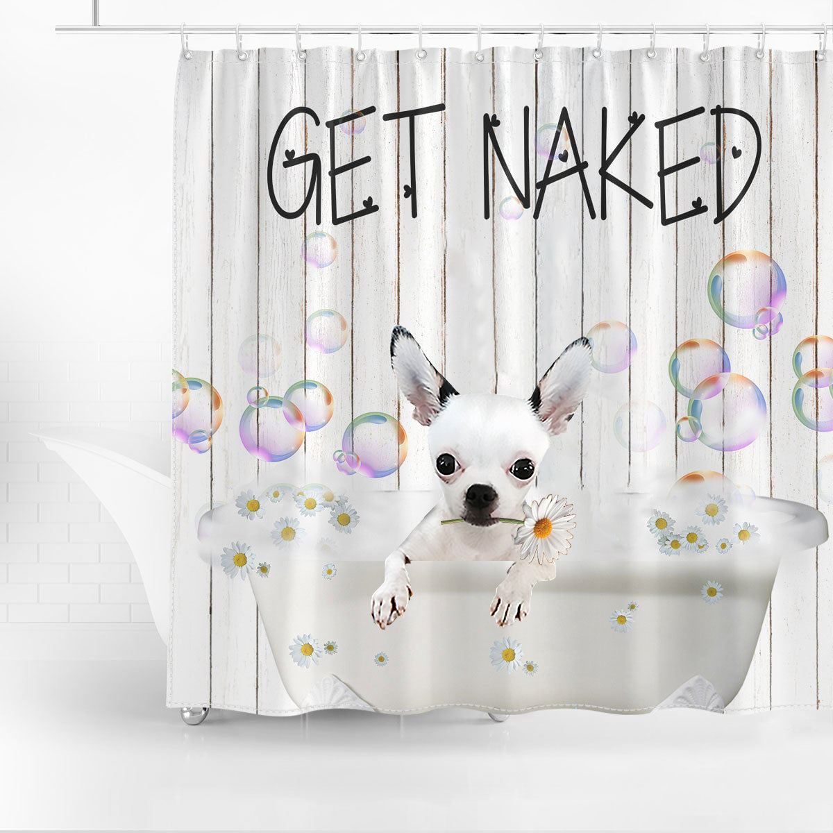 Chihuahua 2 Get Naked Daisy Shower Curtain