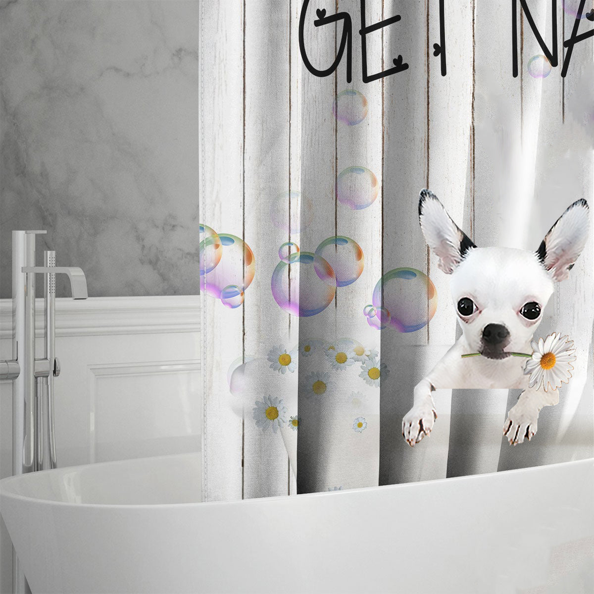 Chihuahua 2 Get Naked Daisy Shower Curtain